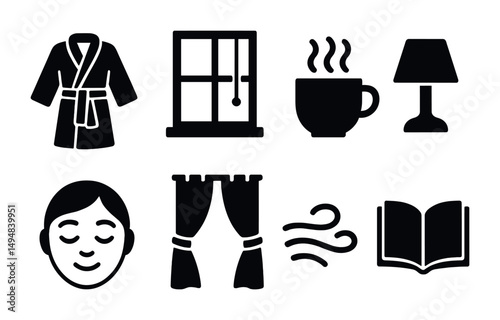 Home relaxation solid icons set – filled, cozy, comfort and peaceful symbols