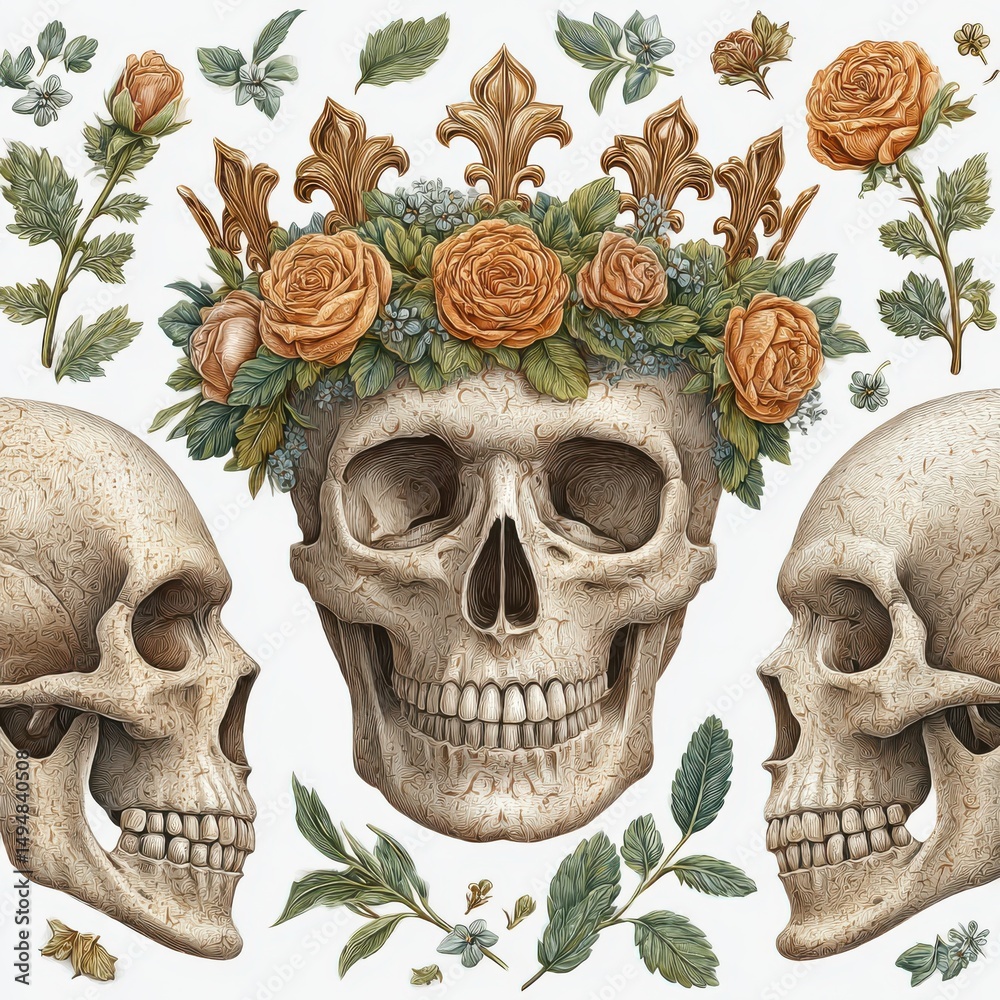 Fototapeta premium Three Skulls with Orange Rose Floral Crowns and Green Leaves on White Background