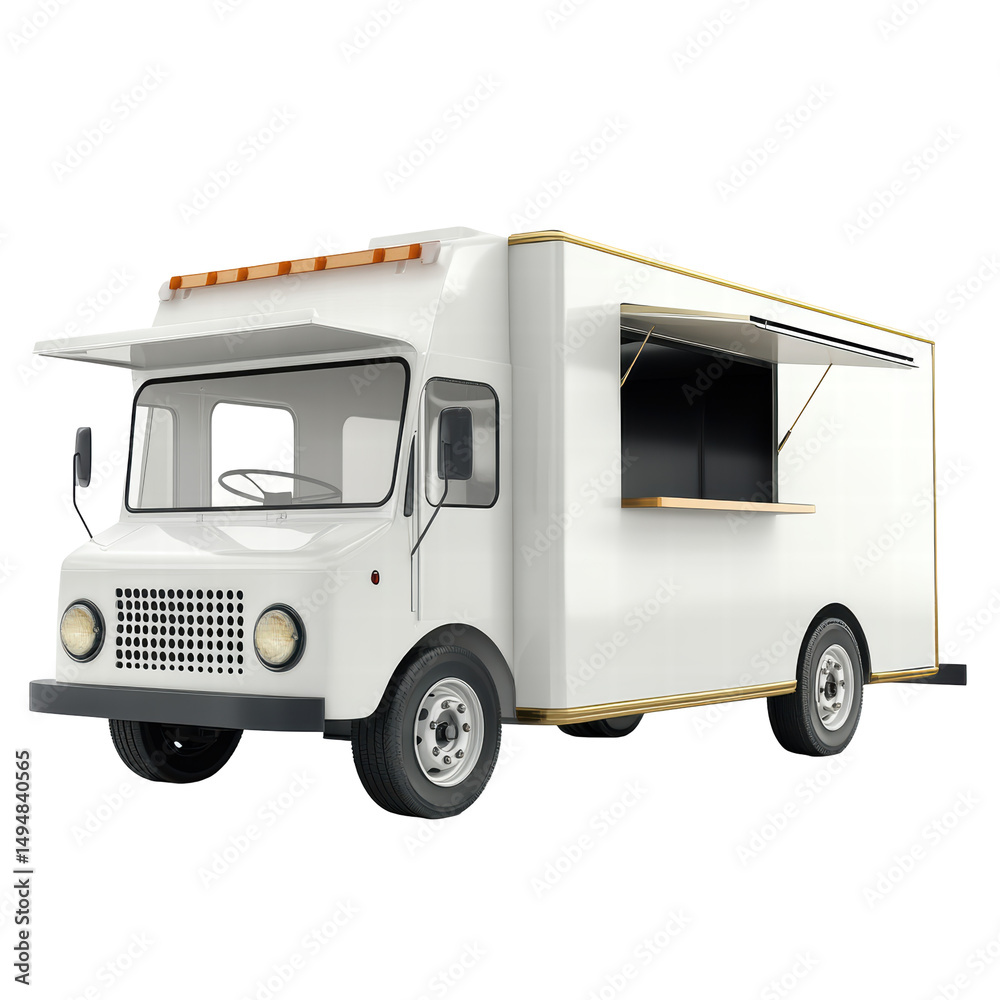 Fototapeta premium Classic White Food Truck Ready for Service in Urban Setting on transparent background