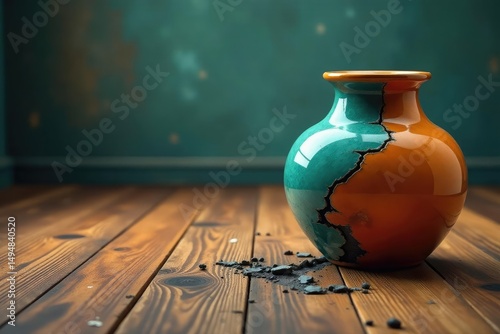 A broken vase on a hardwood floor, suggesting a conflict , room, argument
