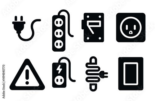 Electrical safety solid icons set – flat, filled, power and voltage symbols