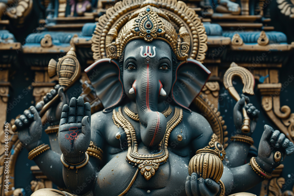 Fototapeta premium Bright holiday composition for happy Ganesh Chaturthi, abstract vivid composition consists of fictional unreal fantastic vision on background