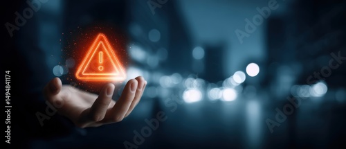 Mans hand holding glowing red warning sign with exclamation mark against blurred cityscape at night Concept of risk, danger, alert, and security