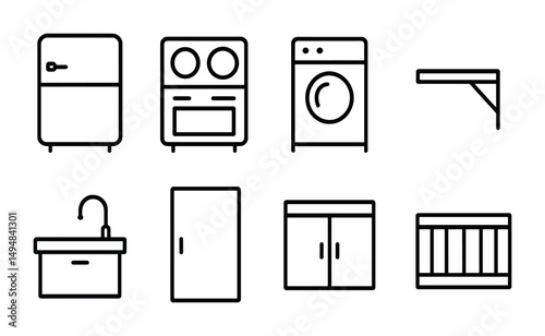 Home appliance outline icons set – minimalist, linear kitchen and laundry symbols