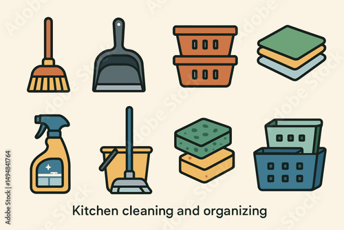 Cleaning and organizing icons set – flat, filled, housekeeping and tidying symbols