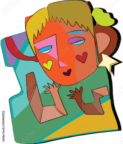 abstract illustration of a woman's face, seemingly in a cubist or pop art style. The face is depicted with geometric shapes and contrasting colors.