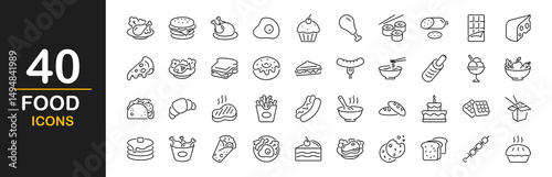 Food icon set. Contains such icons as burger, donut, pizza, eis, noddles, french fries, desserts, hot dog,  ice cream,  sushi and rolls, cake, chicken leg with salad and more