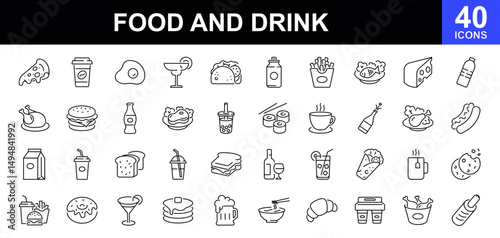 Food and drinks icon set. Contains such icons as burger, coffee, donut, bubble tea,pizza, french fries, tea, desserts, beer, hot dog, sushi and rolls, coctail, energy, chicken leg with salad and more