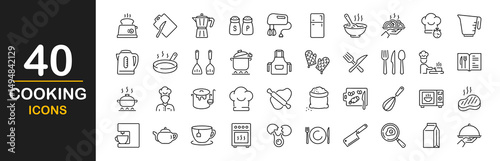 Cooking icon set. Contains such icons as egg, coffee, tea, kettle, recipe book, chef hat, cutting board, toaster, coffeemaker, juicer, oven, mixer, rolling pin, pot, pan and more