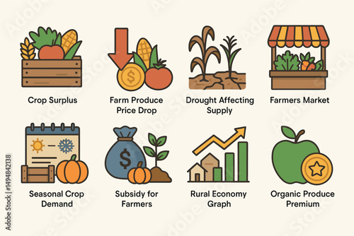 Agricultural economy flat icons set – farming, produce, market and subsidy symbols