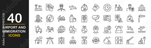 Airport and immigration icon set. Contains such icons as visa, passport, migrant, customs officer, border crossing, airport, aerodrome, pilot, tickets, information desk and more