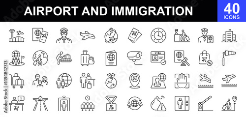 Airport and immigration icon set. Contains such icons as visa, passport, migrant, customs officer, border crossing, airport, aerodrome, pilot, tickets, information desk and more