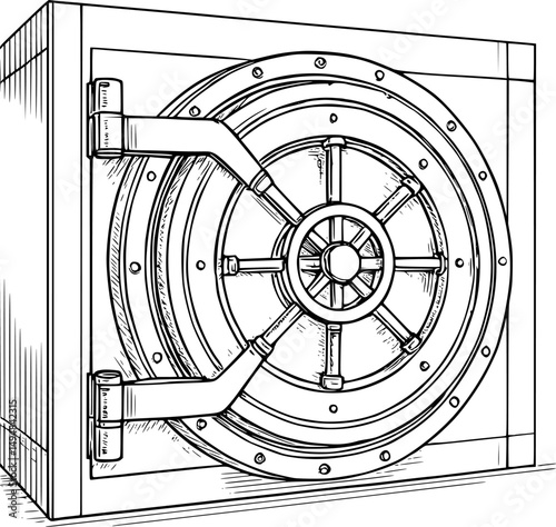 Realistic Bank Vault Door Illustration – Detailed Black and White Line Art of Circular Safe with Locking Mechanism on transparent  Background