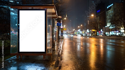 Blank vertical advertising poster mockup at bus stop. Out-of-home OOH billboard media display space. City street background. Public transport branding. Night time photo in rain. People walking down