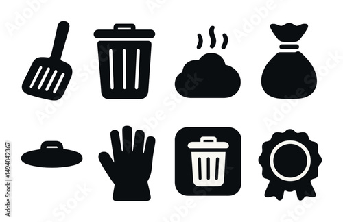 Waste and recycling silhouette icons set – garbage, refuse, cleanliness symbols