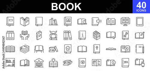 Book icons set. Contains such icons as open book, simple book symbol, library, electronic book, pages, bookmark, literature, dictionary, audiobook, information reference, textbook and more