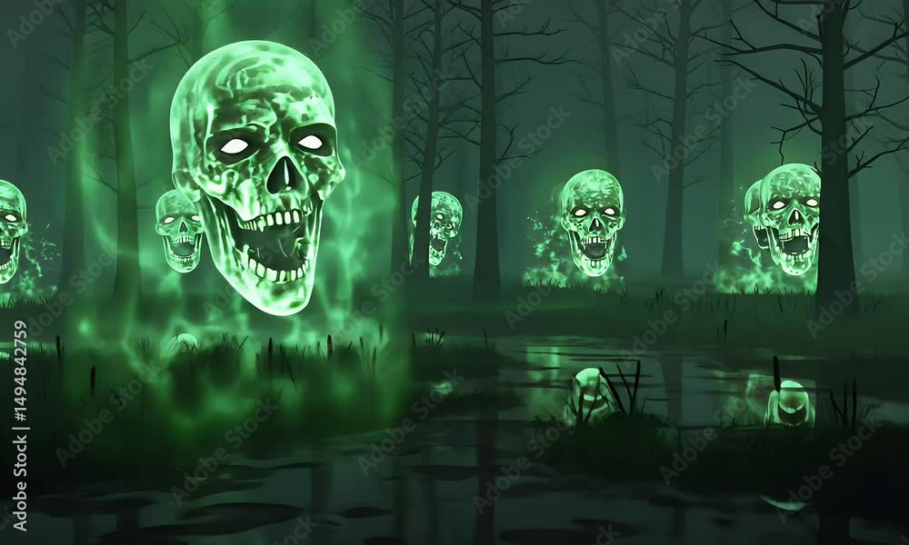 Eerie Glowing Zombie Heads In A Spooky Forest Environment With Green Neon Effect