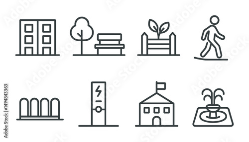 Cityscape and urban outline icons set – architecture, buildings, public spaces