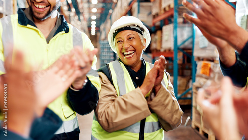 Foto Hands, applause and happy people for shipping success, team praise or support with celebration at warehouse