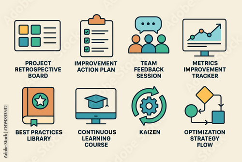 Business process icons set – outline, workflow, efficiency and strategy symbols