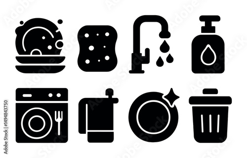 Kitchen and cleaning solid icons set – filled, household, dishwashing symbols