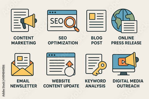 Digital marketing flat icons set – seo, content, online media symbols