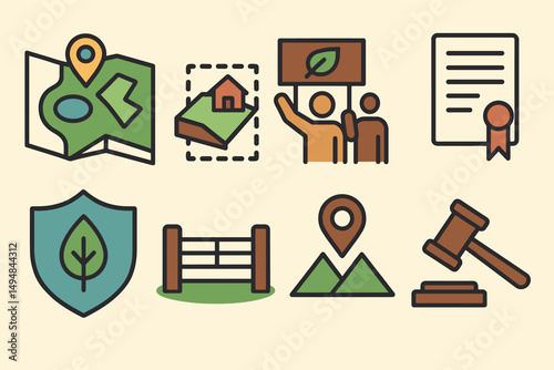 Real estate and land management icons set – outline, property, zoning graphics