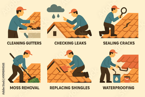 Roof maintenance flat icons set – repair, roofing, home improvement symbols