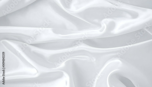 Smooth, flowing white satin fabric draped elegantly, creating soft waves and reflections