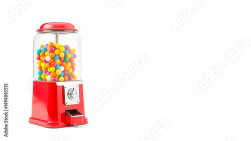 A classic machine with chewing balls in a glass flask on a white background. A red metal case in a vintage style. A bright, nostalgic detail of the interior or store.