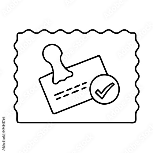 Customs stamp icon with approved document and check mark.  Detailed customs stamp image showing document, stamp, and checkmark for approval.  