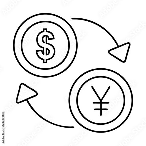 Currency exchange icon. Dollar and yen symbols in circle icons with arrows indicating exchange. Simple line art design perfect for financial websites, mobile apps