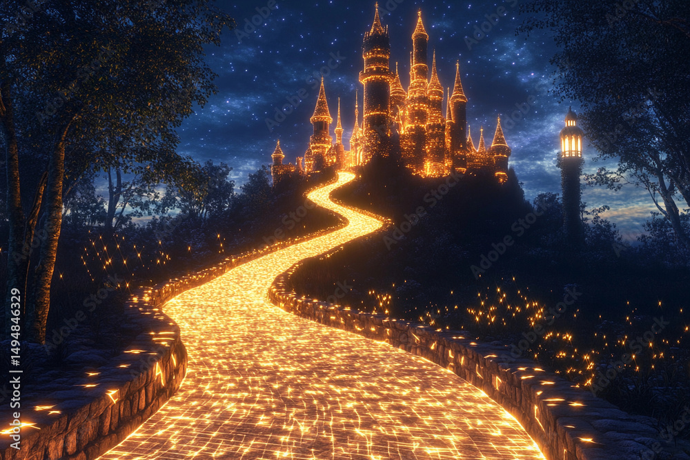 Naklejka premium Majestic castle illuminated by glowing pathway at night under a starry sky