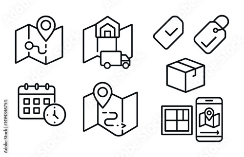 Navigation and logistics icons set – outline, linear, delivery and shipping symbols