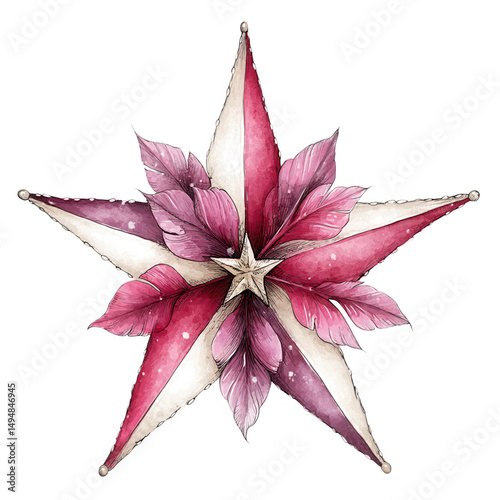 A hand painted watercolor star with red and white stripes and pink leaves