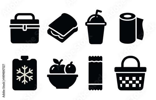 Lunch and snack solid icons set – filled, picnic, meal planning symbols