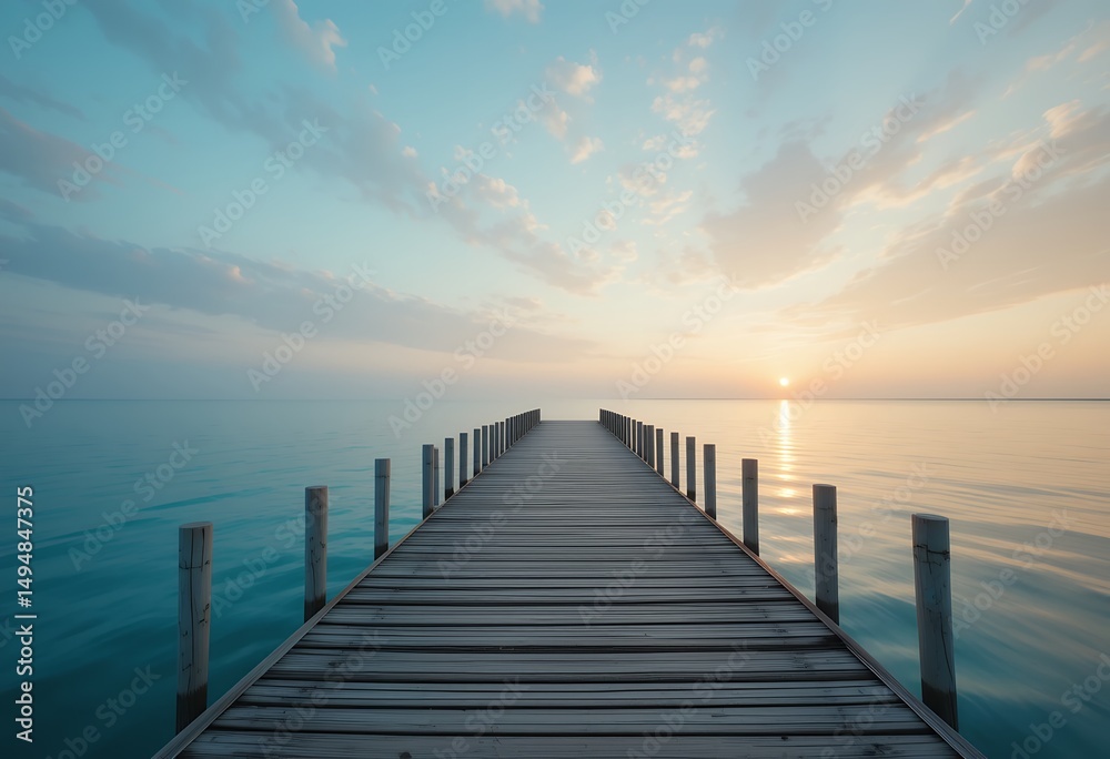 Serene wooden pier extending into calm ocean waters under a pastel sunset sky Serene wooden pier extending into calm ocean waters under a pastel sunset sky