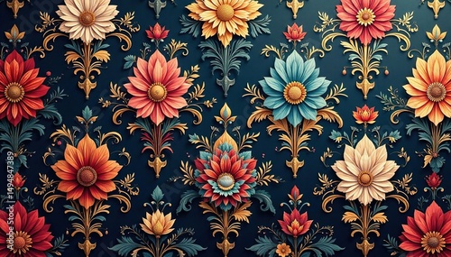 Intricate floral damask, elegant gold accents, retro, aesthetic, floral