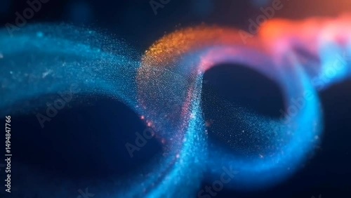 Glowing blue and orange light particles forming a dynamic infinity shape with smooth curves and soft motion against a dark digital background. Abstract design concept

