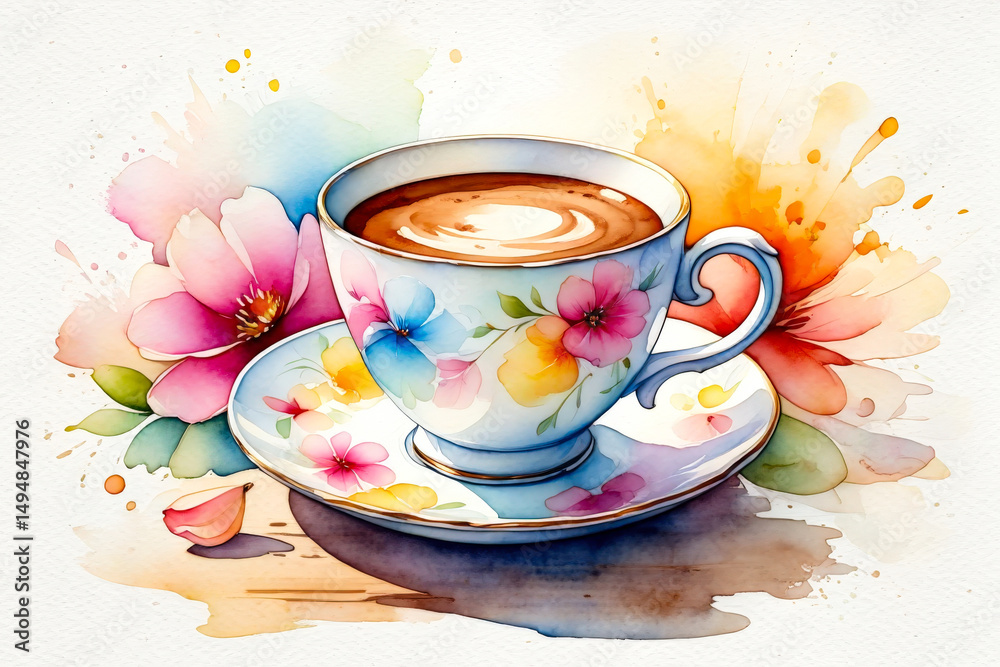 Fototapeta premium Floral coffee cup with latte art surrounded by colorful watercolor flowers