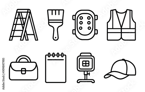 Construction and safety outline icons set – linear, equipment, work gear symbols
