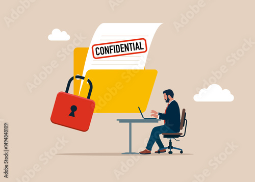 Software engineer with confidential document. Locked with padlock folder. Modern flat vector illustration 