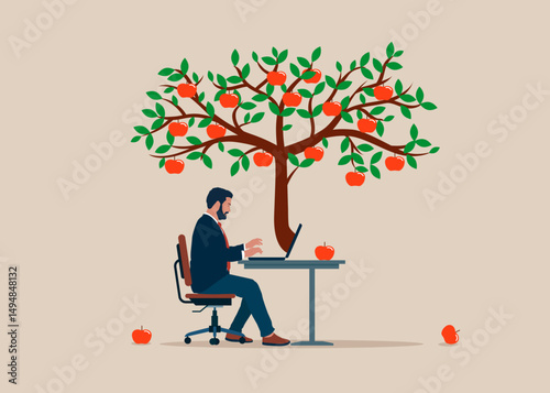 Software engineer with apples on tree. Idea, Financial and investment growth. Flat vector illustration