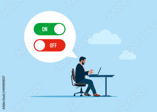 Software engineer turning off and turning on devices. On Off button on laptop screen. Flat vector illustration