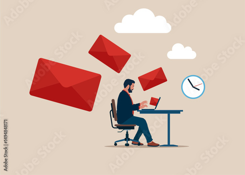 Software engineer with overload flying mail letter from computer laptop. Email overload too many junk mails that reduce efficiency and productivity in work and time management concept.