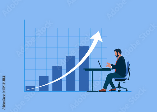 Software engineer with  rising profit growth graph. Investment profit growth, financial advisor. Make money to get rich or increase earning or income. Flat vector illustration