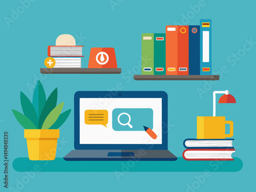 Simple digital workspace illustration showing web search interface and office accessories