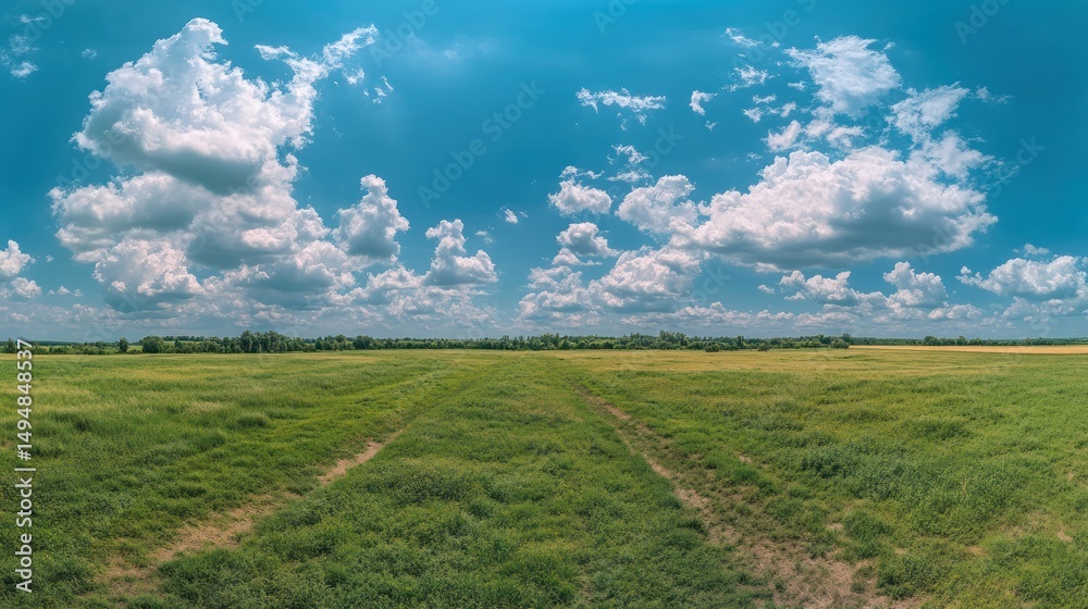 Obraz premium Vast green fields beneath a bright blue sky and puffy clouds