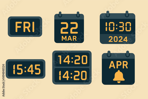 Digital clock and calendar icons set – flat, time tracking, schedule management symbols