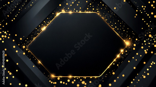 Black and Gold Hexagon Frame Background with Glowing Particles